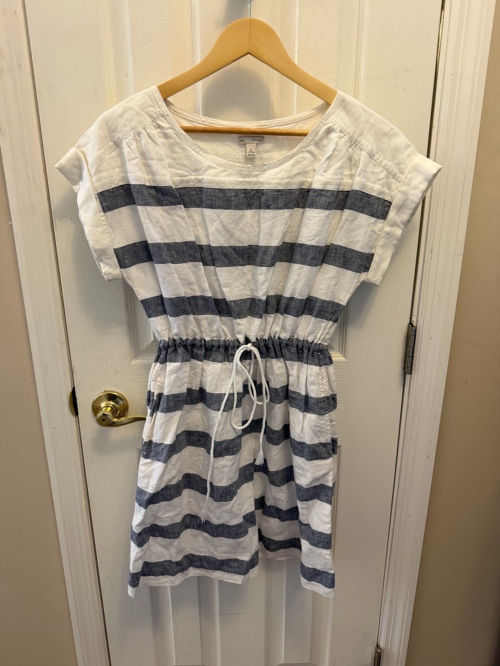 GAP Navy and White Striped Casual Drawstring Waist Dress